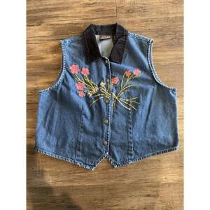 Vtg Ozark Trail Floral Embroidered Denim Vest Collar Cottagecore 90s Sz XL
